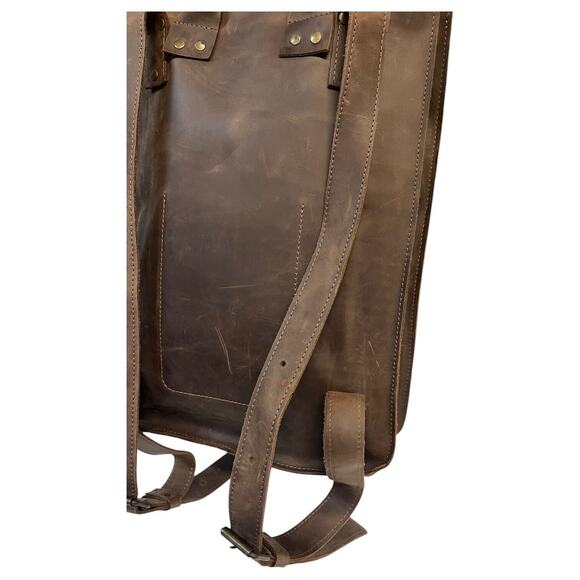 Leather Handmade Backpack Laptop Flap Closure Adjustable Clasp Unisex Brown - Picture 7 of 16